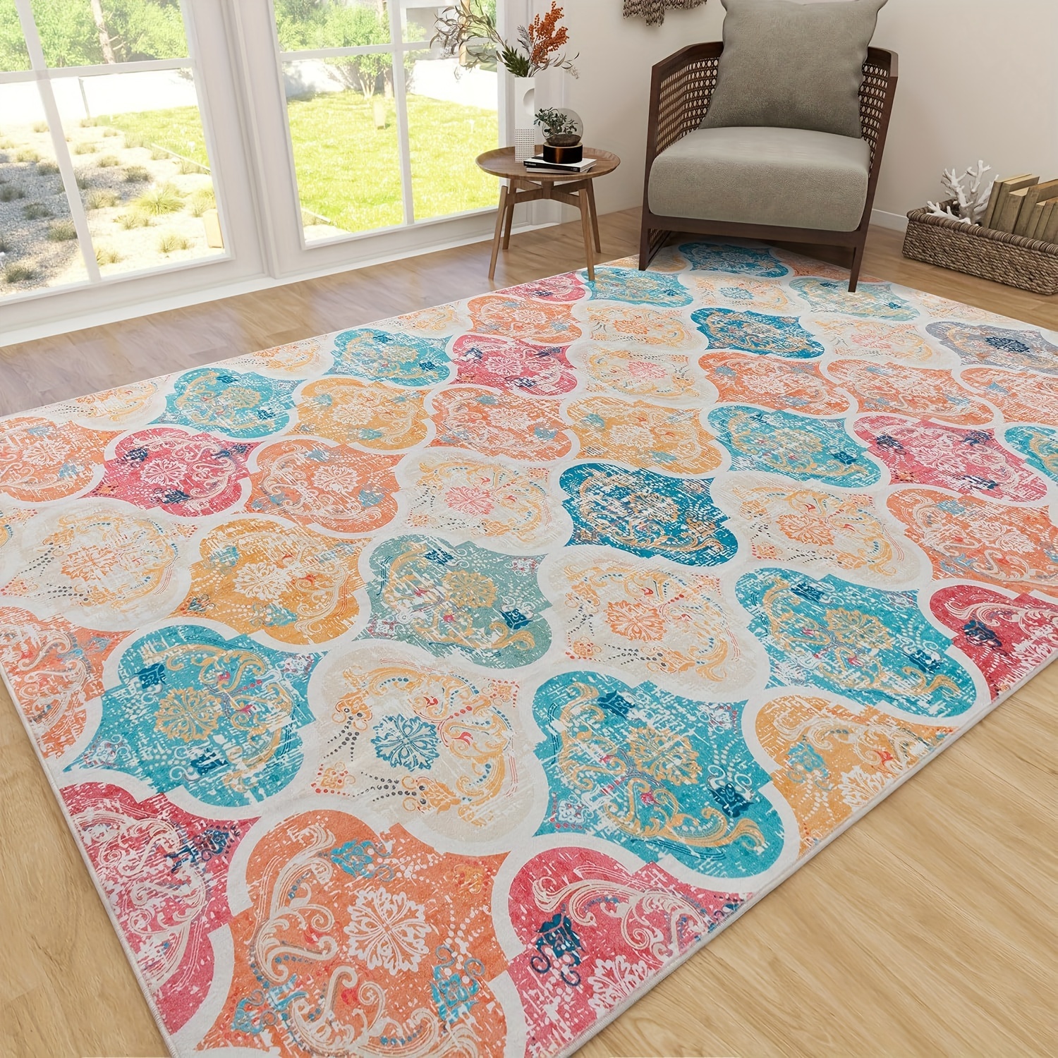 

Large Vibrant Moroccan-inspired Area Mat - Ultra-thin, Washable, Non-slip Polyester Mat With Floral Patterns For Living Room & Bedroom Decor, Soft Wool Rectangle Floor Mat, Large Area Mat