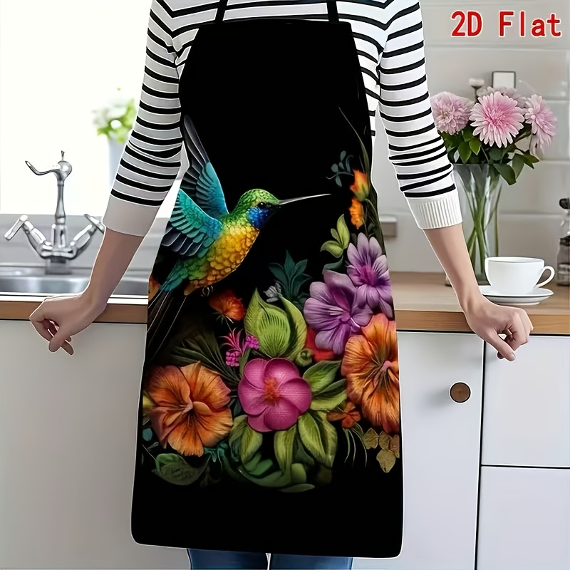 TEMU 2d Flat-hummingbird Floral Apron, Used In Kitchen And Restaurant, Easy, Lightweight, For Cooking, Outdoor Picnics, Gatherings And Parties As A