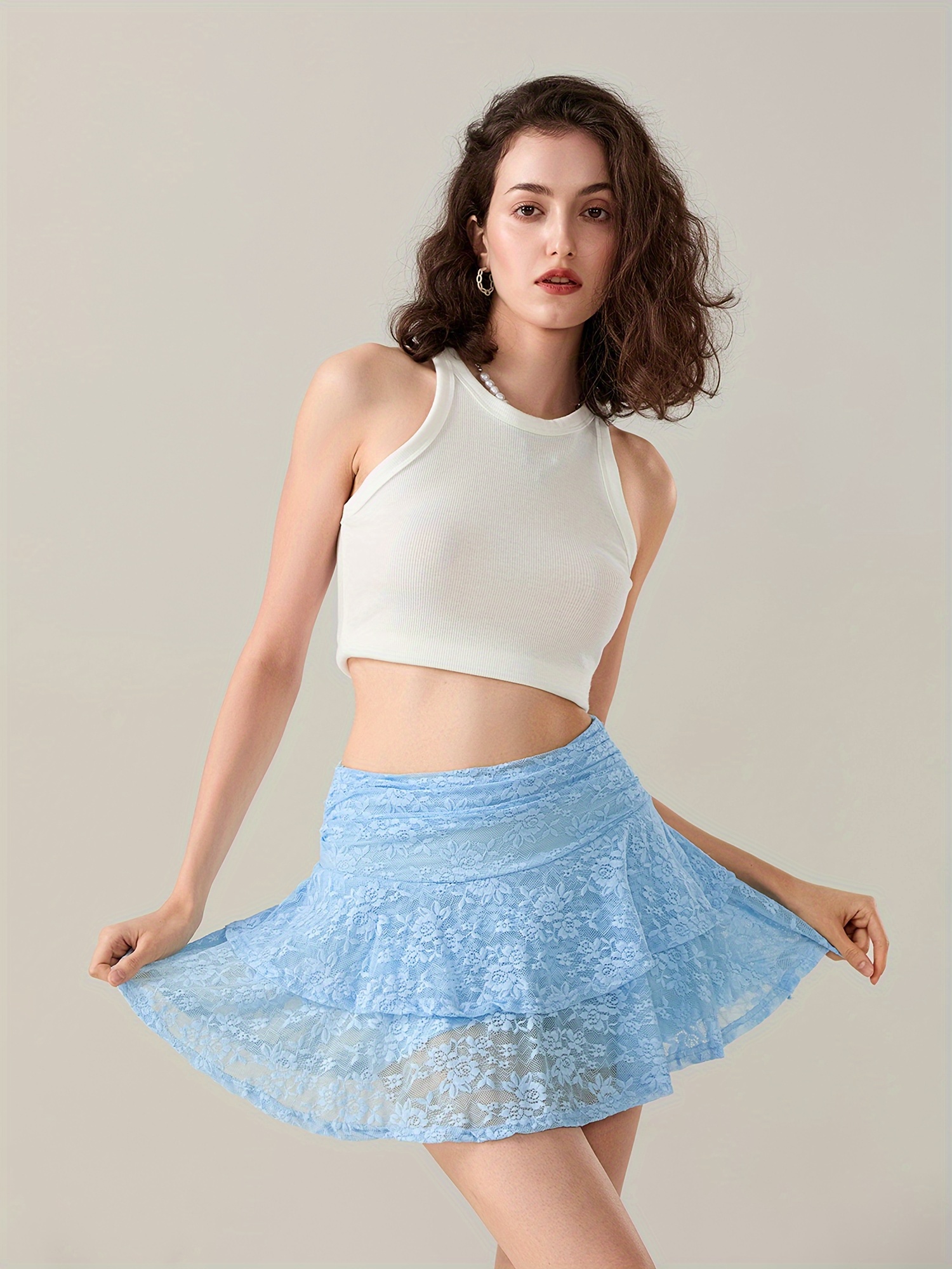 Jupe Très Mini Taille Basse Tissée Stretch Plissée Marron