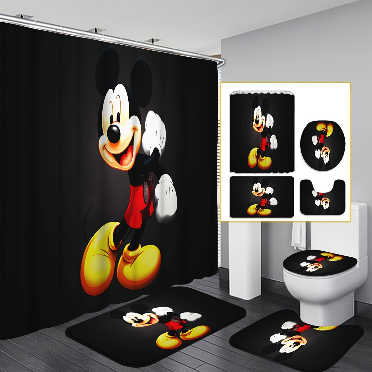 

1/4pcs Mickey Pattern Shower Curtain Set, Waterproof Shower Curtain With 12 Hooks, Non-slip Bath Mat, U-shaped Toilet Mat, Toilet Mat, Bathroom Decor Accessories