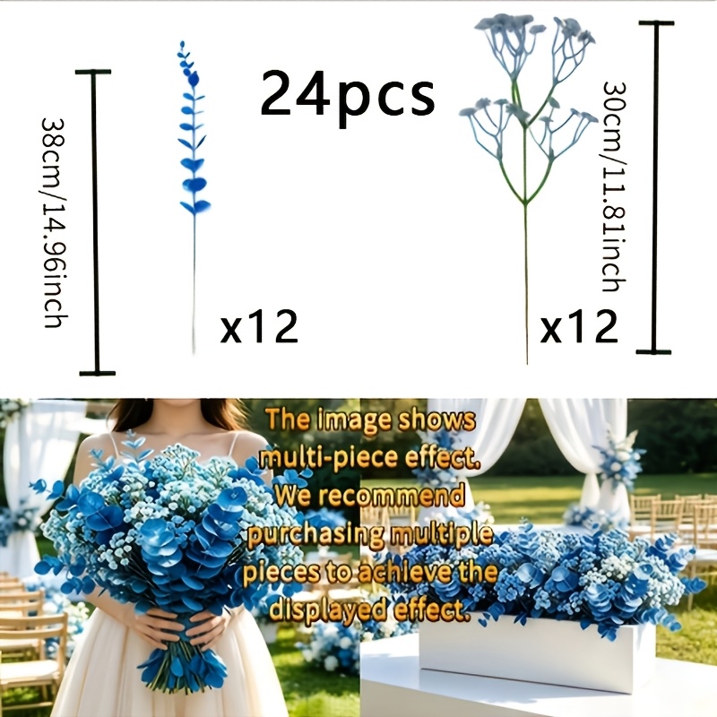 TEMU 24pcs New Simulation Dark Blue Eucalyptus And Blue 's Breath Mixed Bouquet, Lifelike, Very Suitable For Table Decoration, Wedding Decor, And