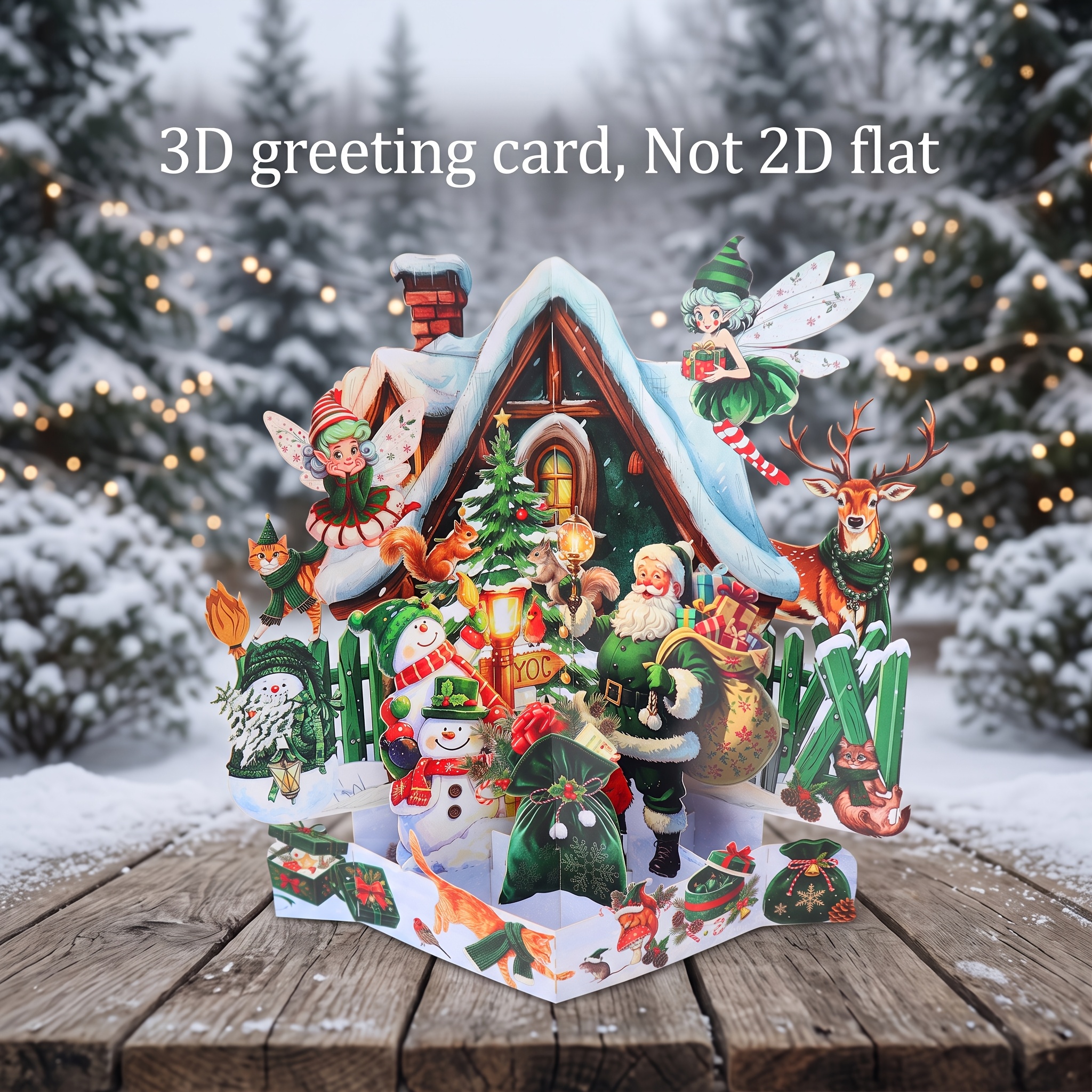 TEMU 3d Pop-up Christmas Card With Envelope, Retro Santa Claus Cottage Theme, Featuring , Snowmen, Reindeer, And , Printed Paper Craft Ornament,