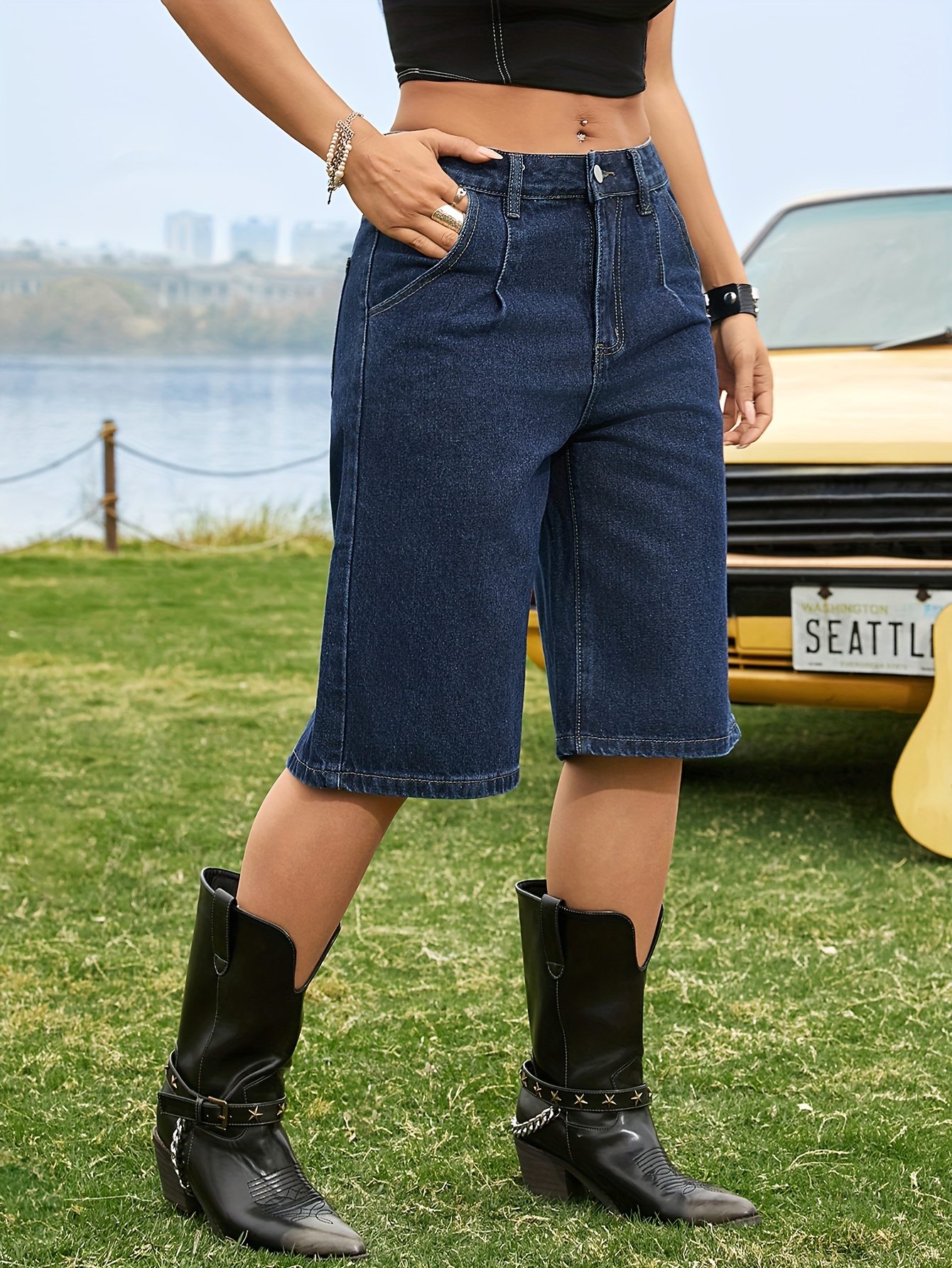 Wide Leg Black Knee Length Denim Shorts Denim Shorts Ladies Black