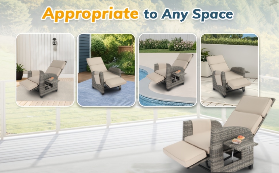 Outdoor Patio Recliner Chair, Independent Adjustable Backrest Up To Lay Flat & Extended Footrest, Flip-Up Side Table, Removable Cushion, All-Weather Wicker, Aluminum Metal Frame For Porch Balcony Garden Poolside
