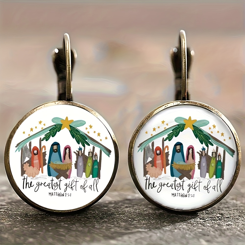 TEMU Vintage-inspired Round Earrings Made Of Alloy, Featuring A Warm Christmas Illustration. Light Pieces Are Stylish And Easy, Wear. Make A Great