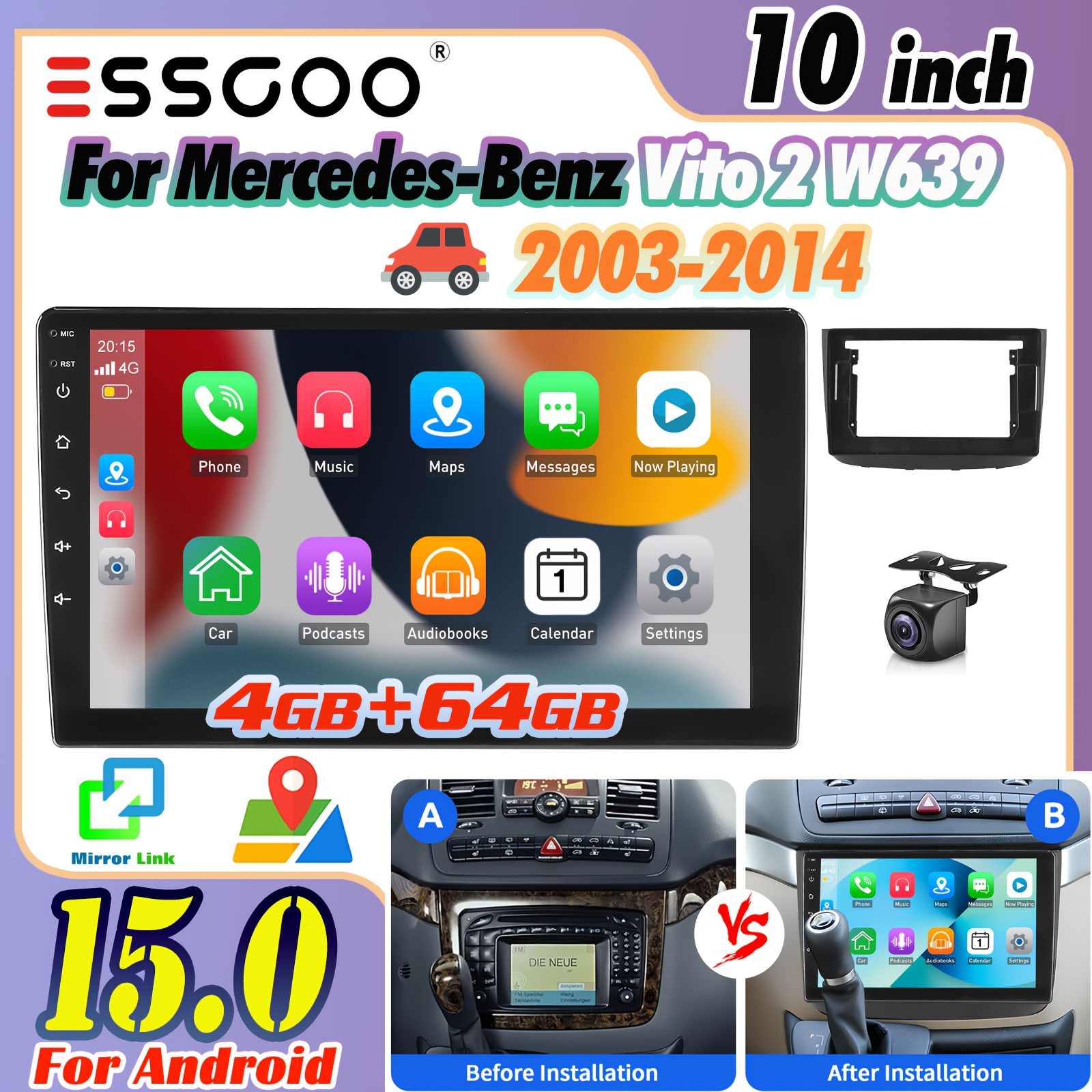 Essgoo 10 Inch Auto 15 Car Stereo For Mercedes-benz 2 W639 2003-2014 (frame Included) | 2din 4gb+64gb Touch Screen Car With Gps | Car Audio & Auto, B-t & Eq Settings