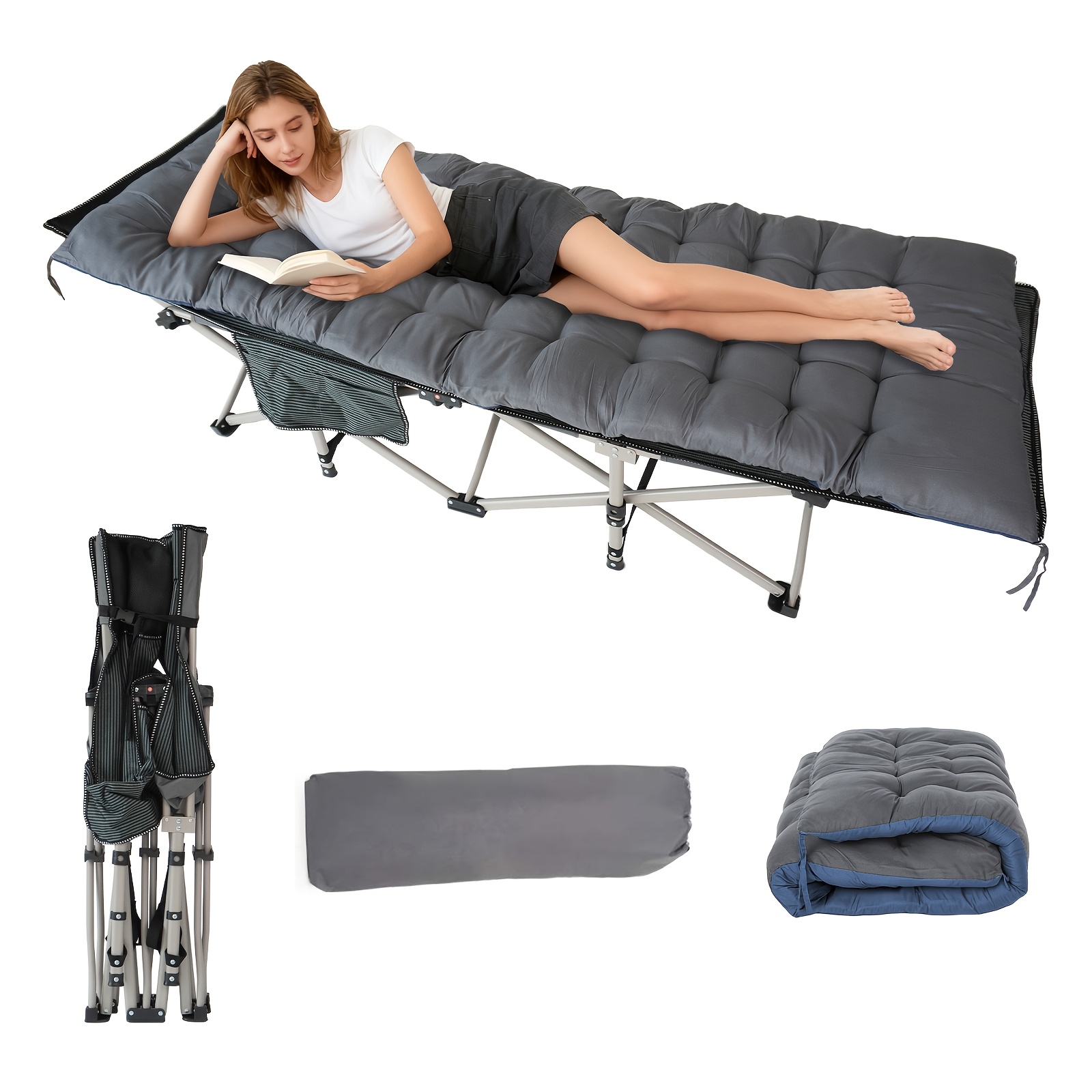Image of Portable Folding Bed With Adjustable Length & Mattress/pillow - Lightweight Breathable Frame Suitable For Outdoor,, Camping, Balcony, Use - Compact Cot For,, Home And Travel