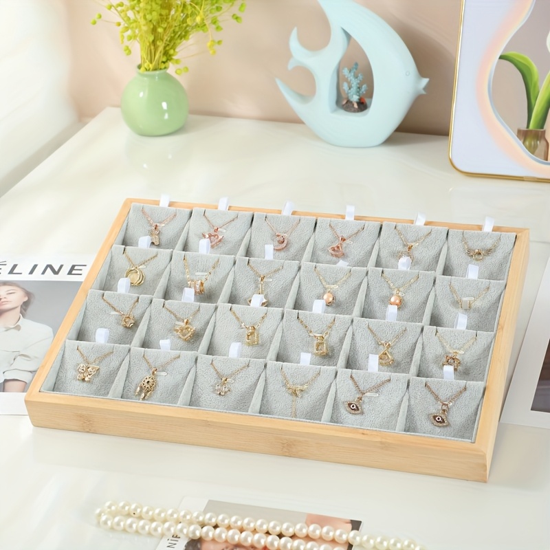 TEMU Bamboo And Wood 24 Grid Large Capacity Pendant Tray Jewelry Tray - High-end Necklace Display Rack, Jewelry Home Storage, Elegant Storage Box,