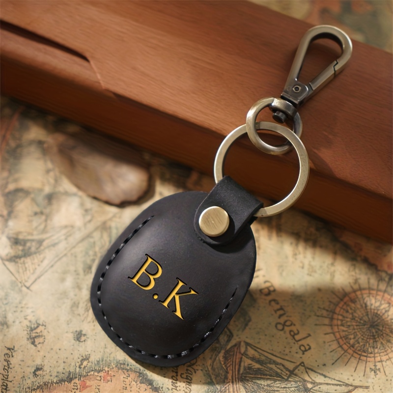 TEMU Personalised Customizable Initials Name Retro Faux Leather Oval Keychain With Metal Clasp Pendant Car Key Chain Retro Airtag Case For Father's