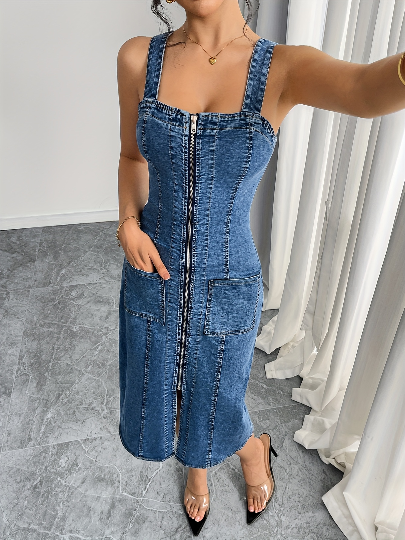 green emerald velvet dress Metal Strap Detail Fitted Denim Dress main image 0