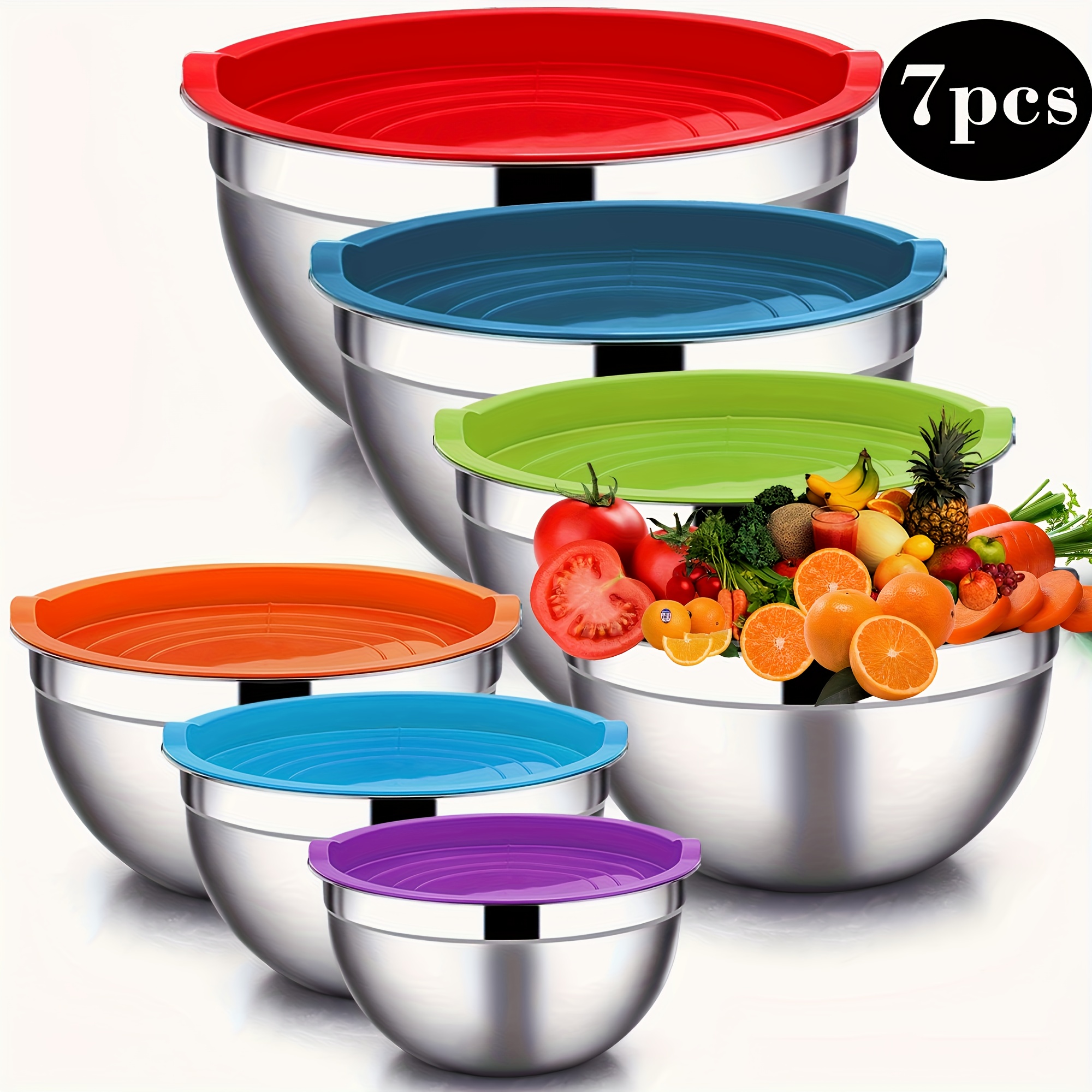 TEMU 7pcs Colorful Stainless Steel Mixing Bowls With Airtight Lids, Non-slip Silicone Bottoms, Sizes 4.5, 4, 3.5, 2.1, 1.5, 1.1, 0.7qt - Perfect For