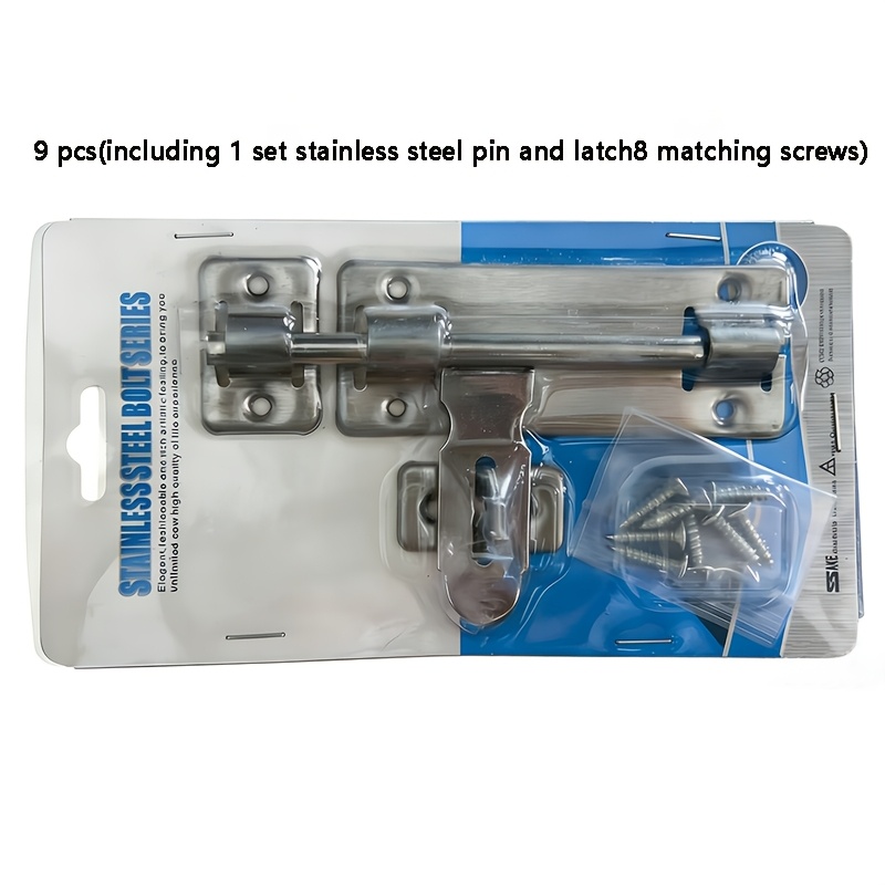 TEMU Set de 9 pièces comprenant 1 lot de loquet de porte à en acier inoxydable + 8 vis et clous en acier inoxydable. Verrou à pêne coulissant avec