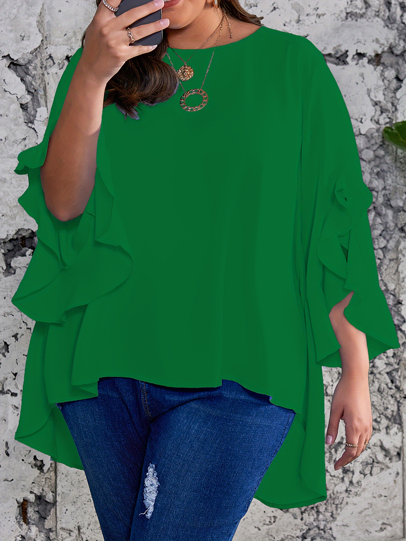 Plus Size Solid Ruffle Sleeve Blouse, Casual Crew Neck Irregular Hem Blouse For Spring, Women's Plus Size?Clothing