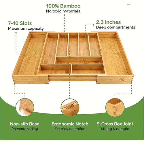 six compartment wooden storage box for separating spoons forks knives and other utensils as well as small tools
