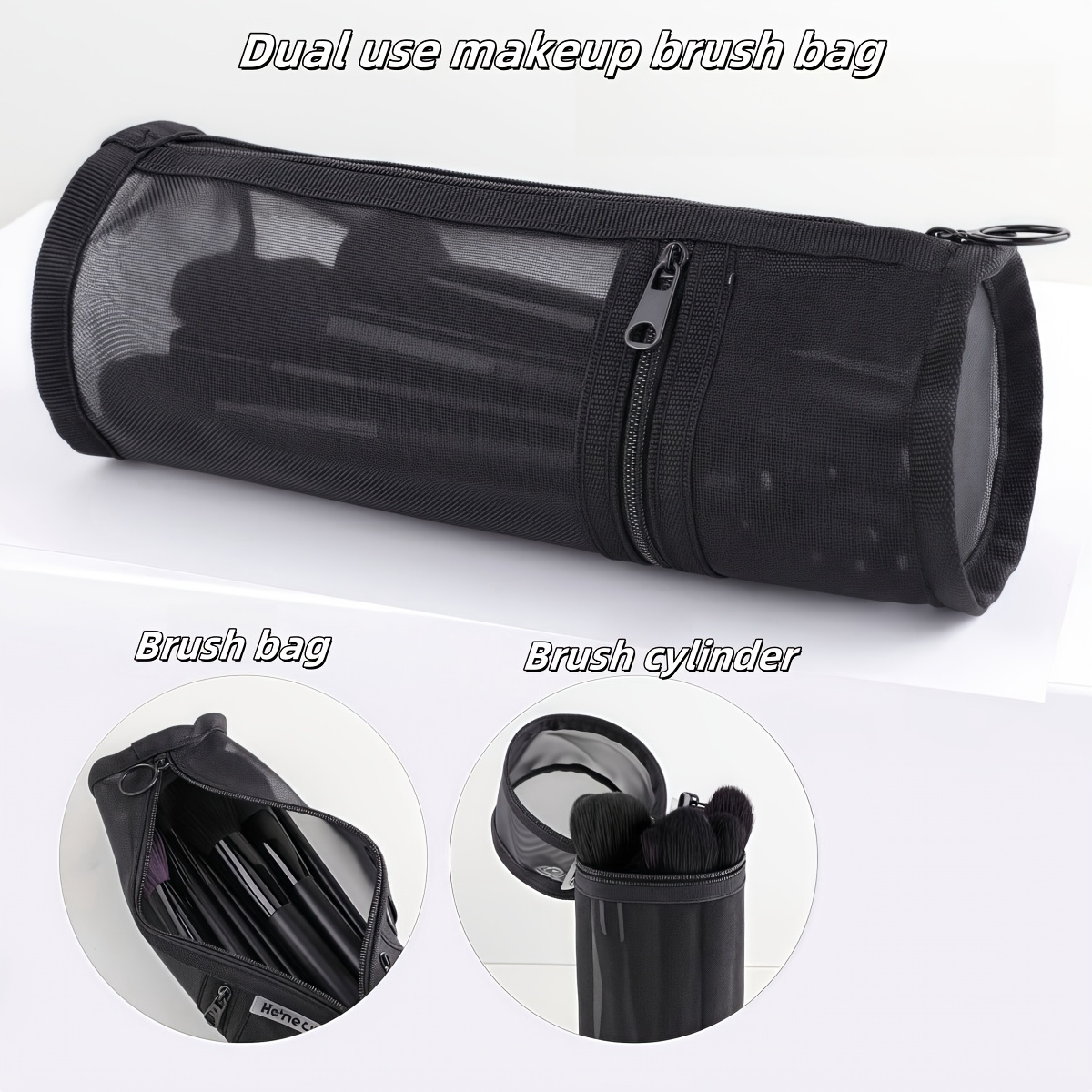 TEMU Polyester Mesh Dual-use Makeup Brush Storage Bag, Portable Zippered Pen Case, Large Capacity Travel Brush Holder, Unscented, No Printing - Black