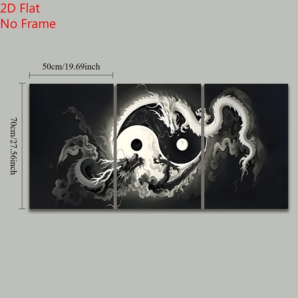 TEMU 2d Flat, 3pcs Set Of Black And White Symbol Animal Decor, Yang Fantasy Animal Dragon Creative Poster, Mysterious Oriental Art, Unframed, 2d