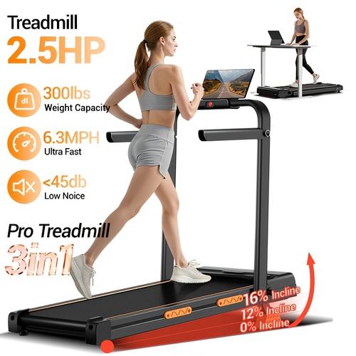 tapis roulant 3 in 1 con inclinazione del 16%, tapis roulant pieghevole con maniglie, tapis roulant portatili per piccoli domestici, capacità 300 lbs, senza batteria