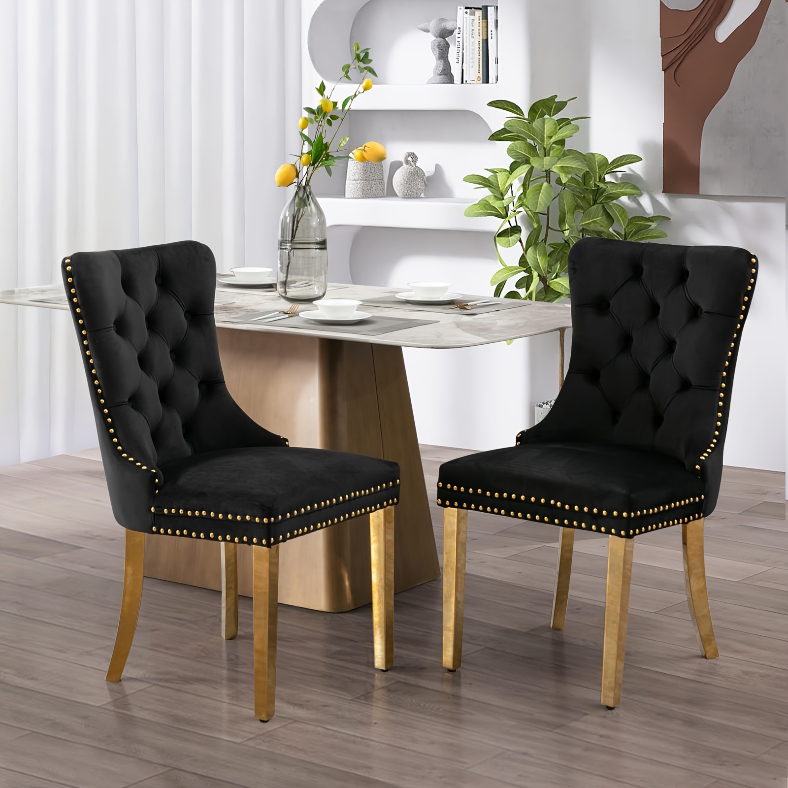 TEMU Set Of 2 Modern Dining Chairs With Solid Wood And Velvet Upholstery, Featuring Quilted Design, Nail Head Details, And Plated Legs, Perfect For Kitchen, Living Room, Or Apartment