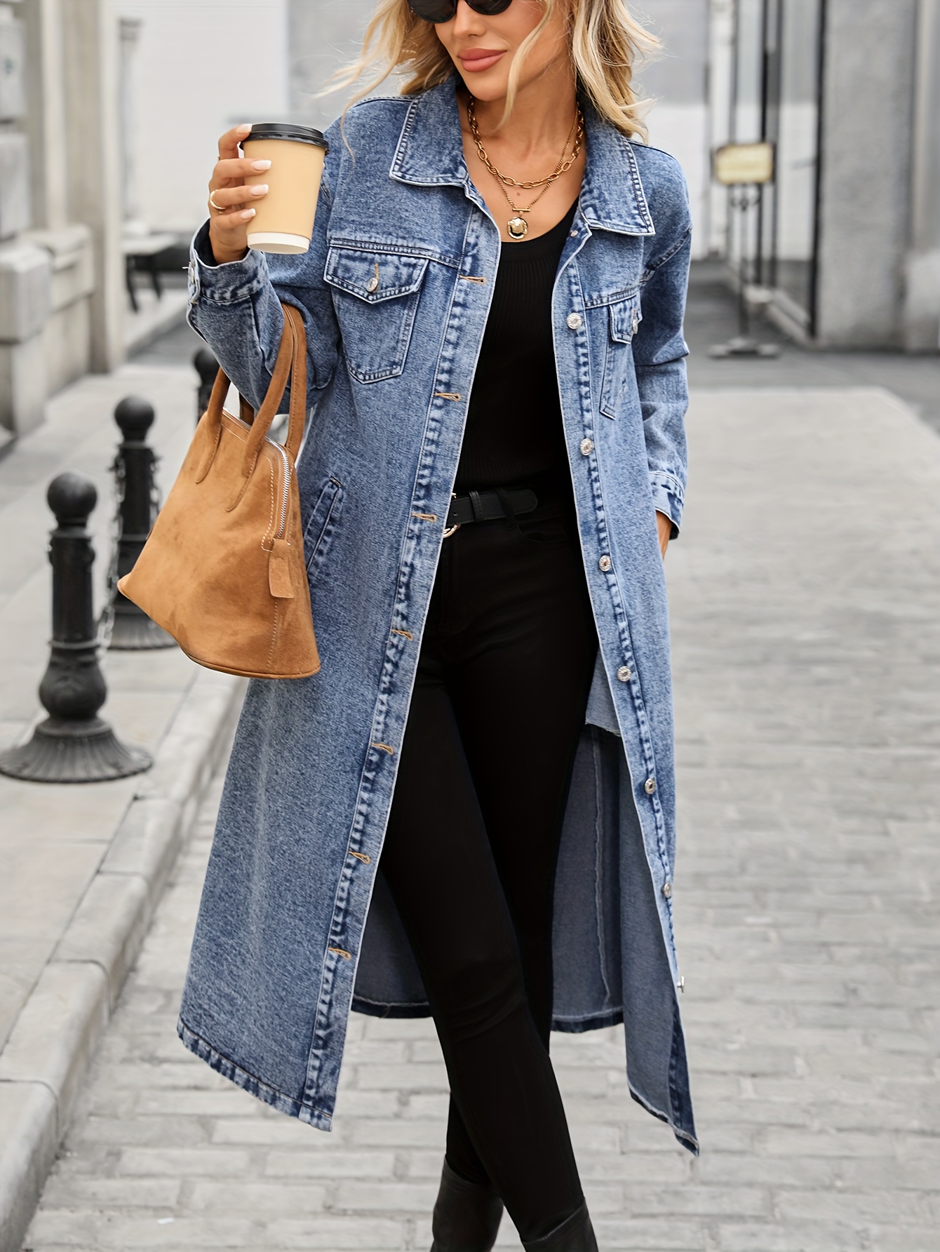 extra long denim jacket coat women elegant trench coat - Temu Canada