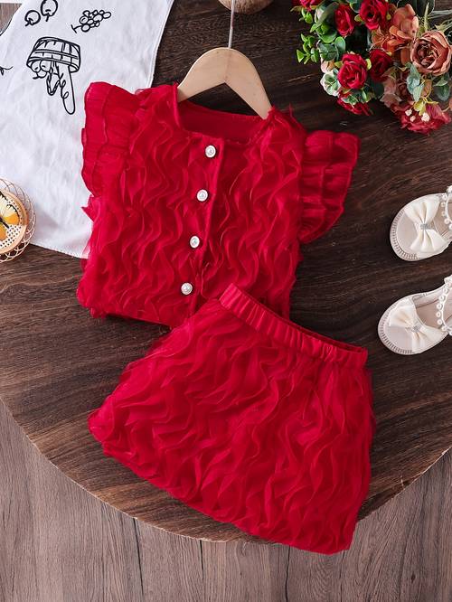 girls three dimensional wavy mesh 2pcs set apricot summer breathable top and skirt set