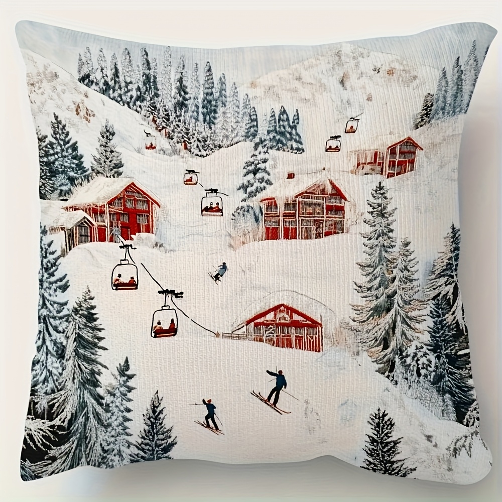 TEMU 1pc 18x18 Inch Short Plush Pillowcase - Single-sided Print With Ski Scene And Pattern, Decor Suitable For Living Room, Bedroom, Cabin - No