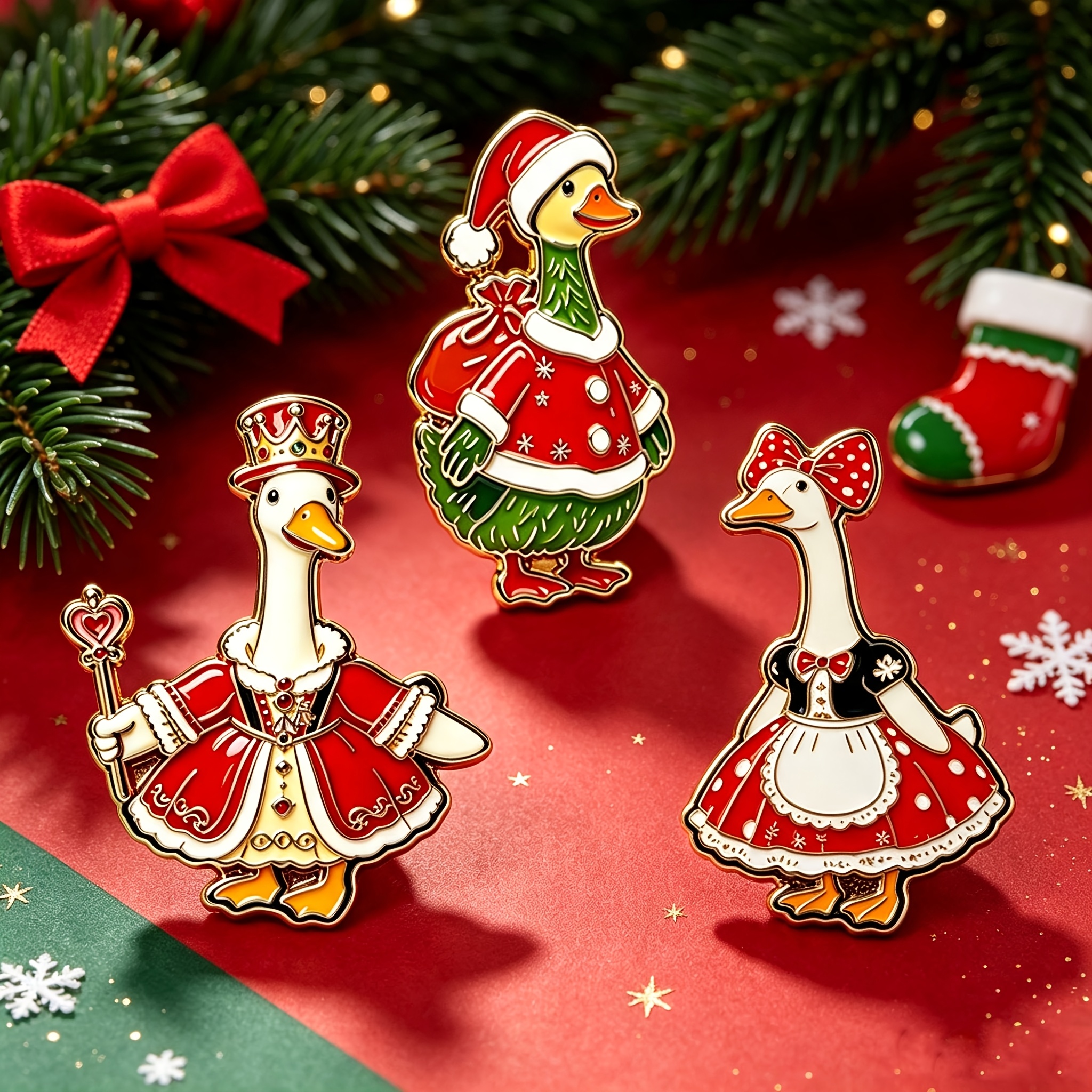 TEMU 3pcs Christmas Dress-up Duck Patches Cute Cartoon Goose And Duck Badges Holiday Gift Patches Oil- Alloy Large Size Style Animal-shaped Patches