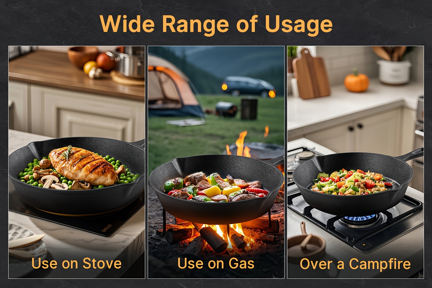 3pcs 4pcs cast set heavy duty pre cookware for heat non stick multi functional with ergonomic handles frying pans for indoor and outdoor cooking details 2