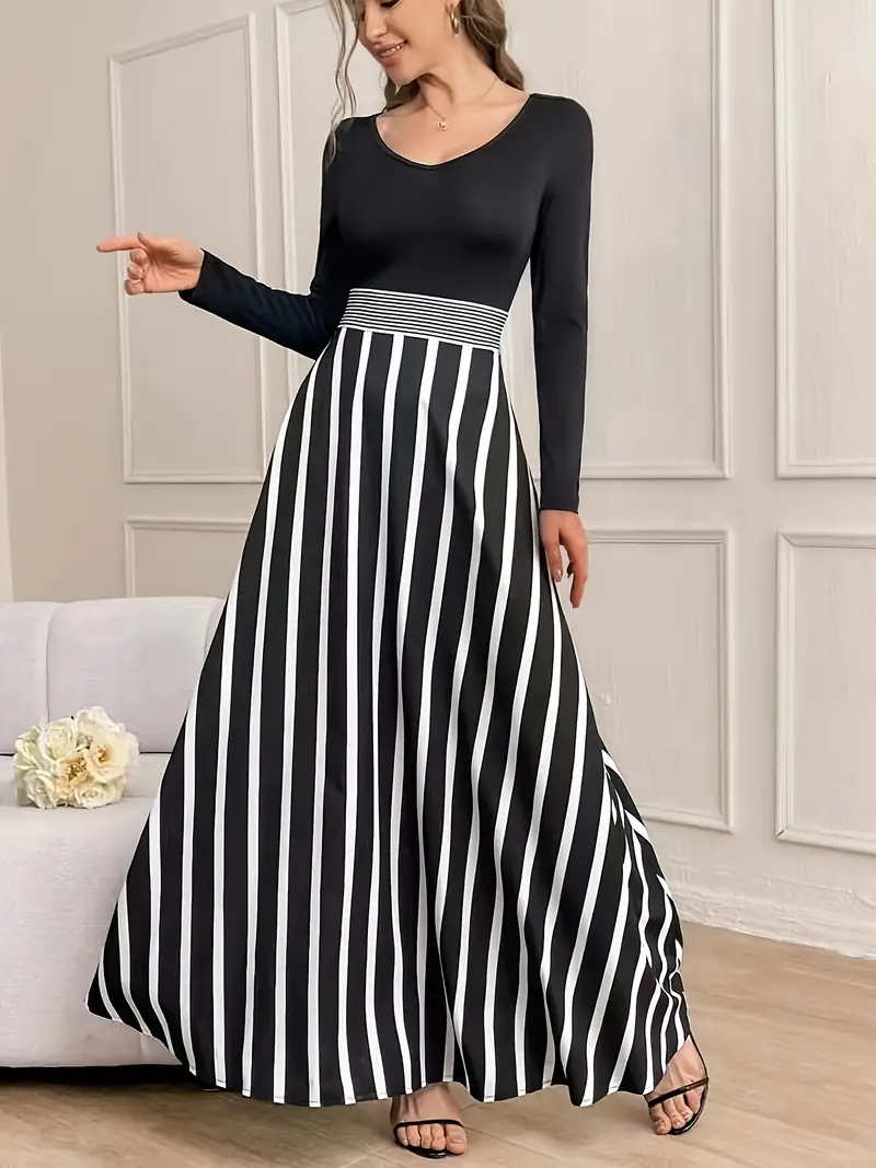 long sleeve black and white striped maxi dress Striped Belted Asymmetric Maxi Dress With Pockets In WHITE AND BLACK