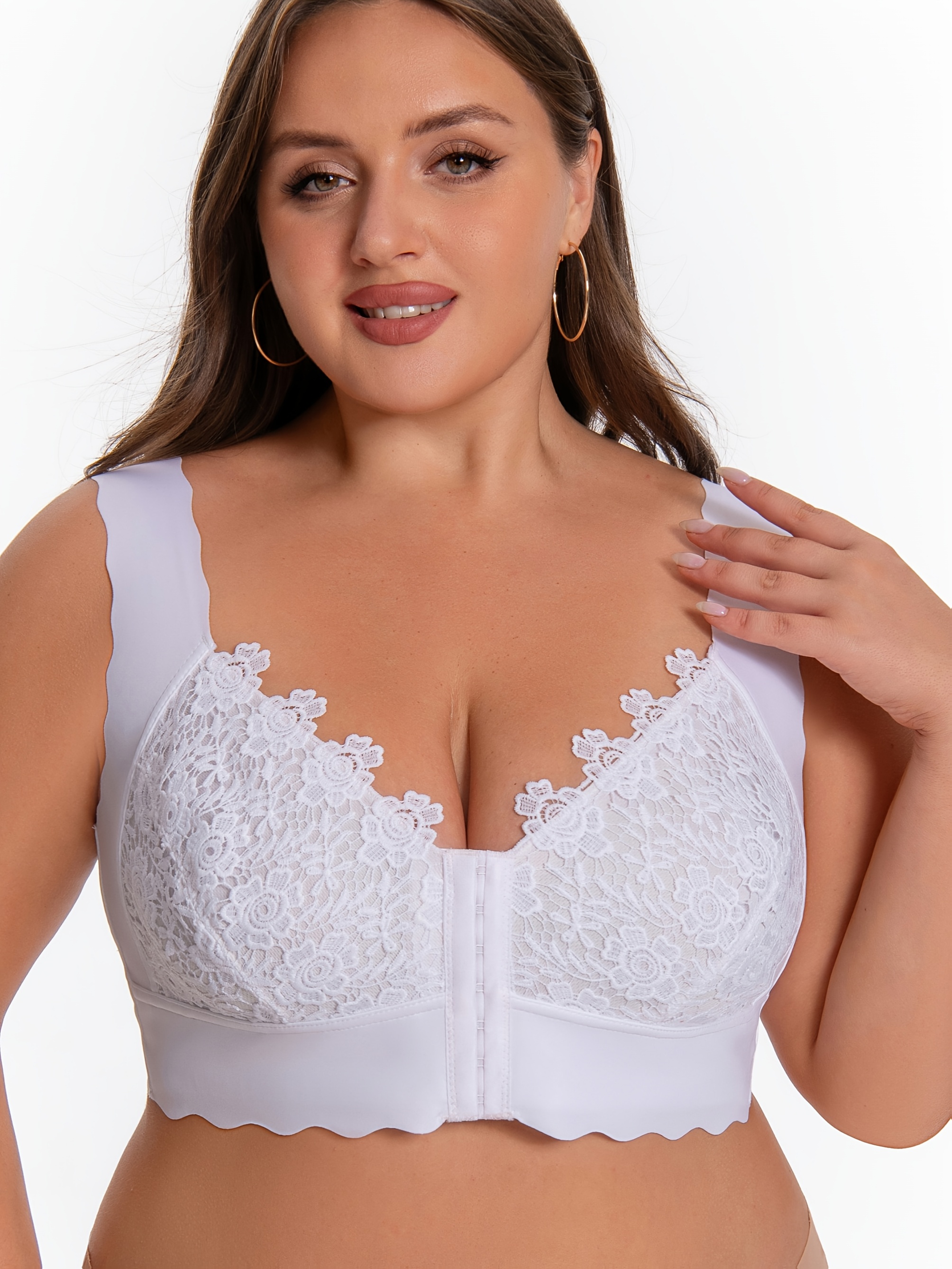 Plus Size High Support Seamless Non-Wired Wide Shoulder Strap Bra with Front Closure, Lace Detailing, V-Neck, Stretch Design, Comfortable Breathable, Suitable for Casual Attire, Ultra-Fitted Vest Style