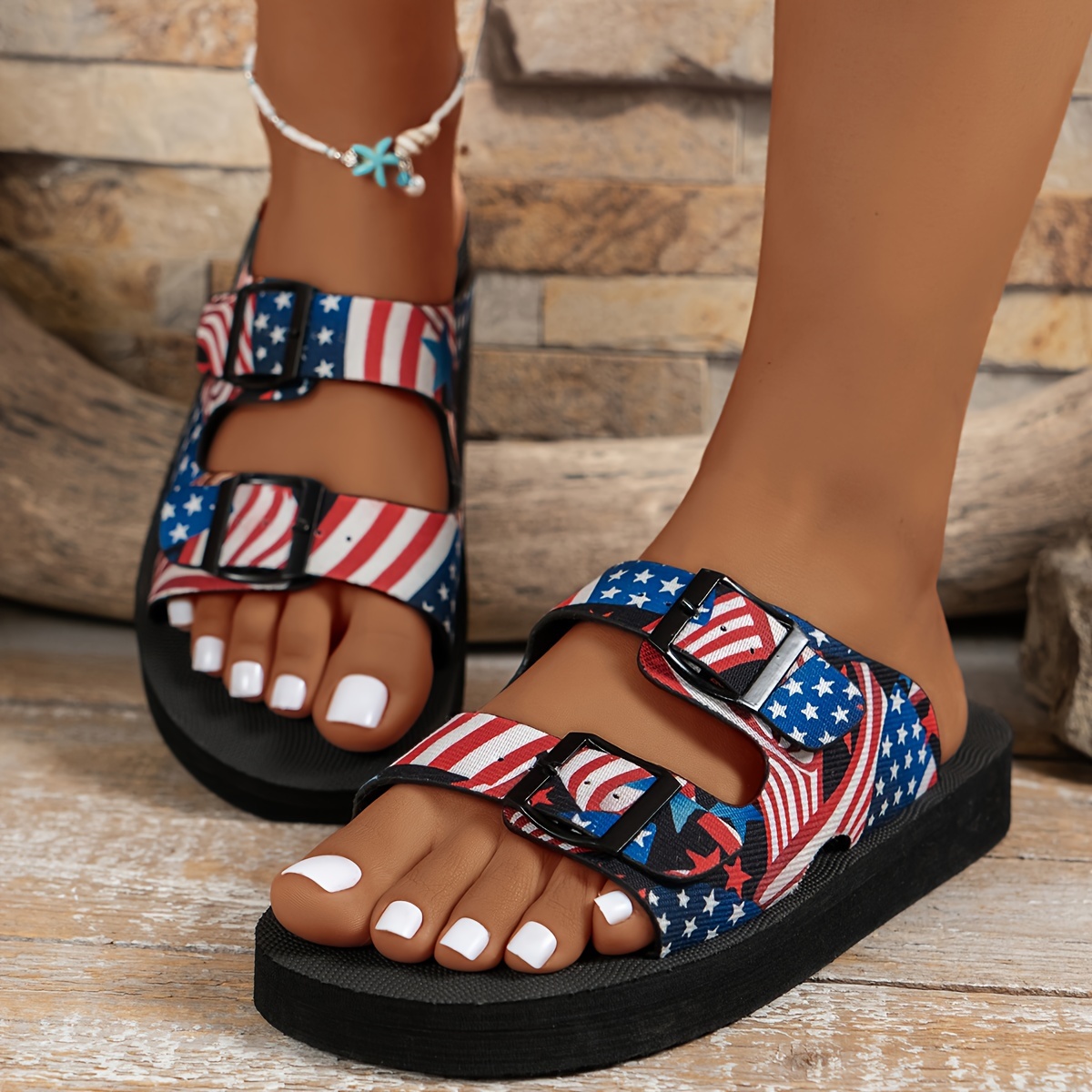 

Women's Flag Pattern Slides, Soft Sole Lightweight Slip On Vacation Slides, Adjustable Buckle Bands Beach Slides Summer Casual Shoes For Independence Day