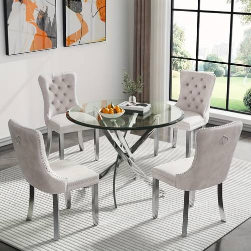 5 3 1pc round dining table set modern tempered glass dining table with velvet dining chairs 36 kitchen table with stainless for living room dining room kitchen office lounge