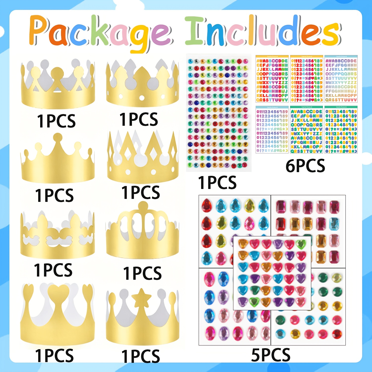 TEMU Kit de couronne en papier doré 20pcs, 8 styles de couronnes de prince et de princesse en papier doré ! 8 couronnes en papier, 6 autocollants de