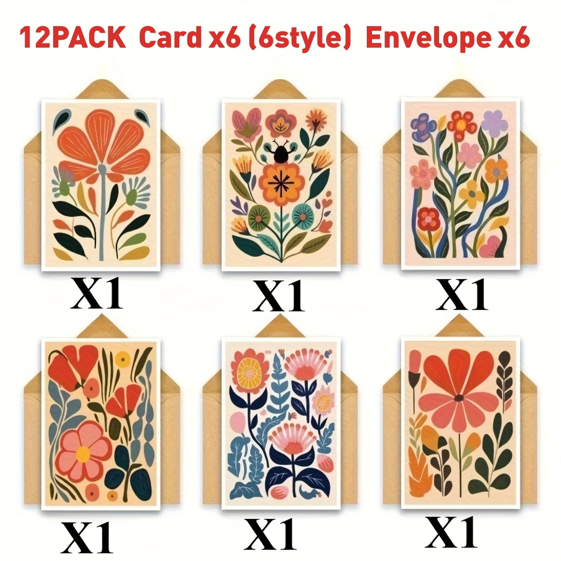 E-shop 12er-Pack Mid-Century-Moderne Blumen-Grußkarten mit Umschlägen für Freunde, Lehrer, Kollegen, Dankeschön, Geburtstag, Feiertage, Beileid,