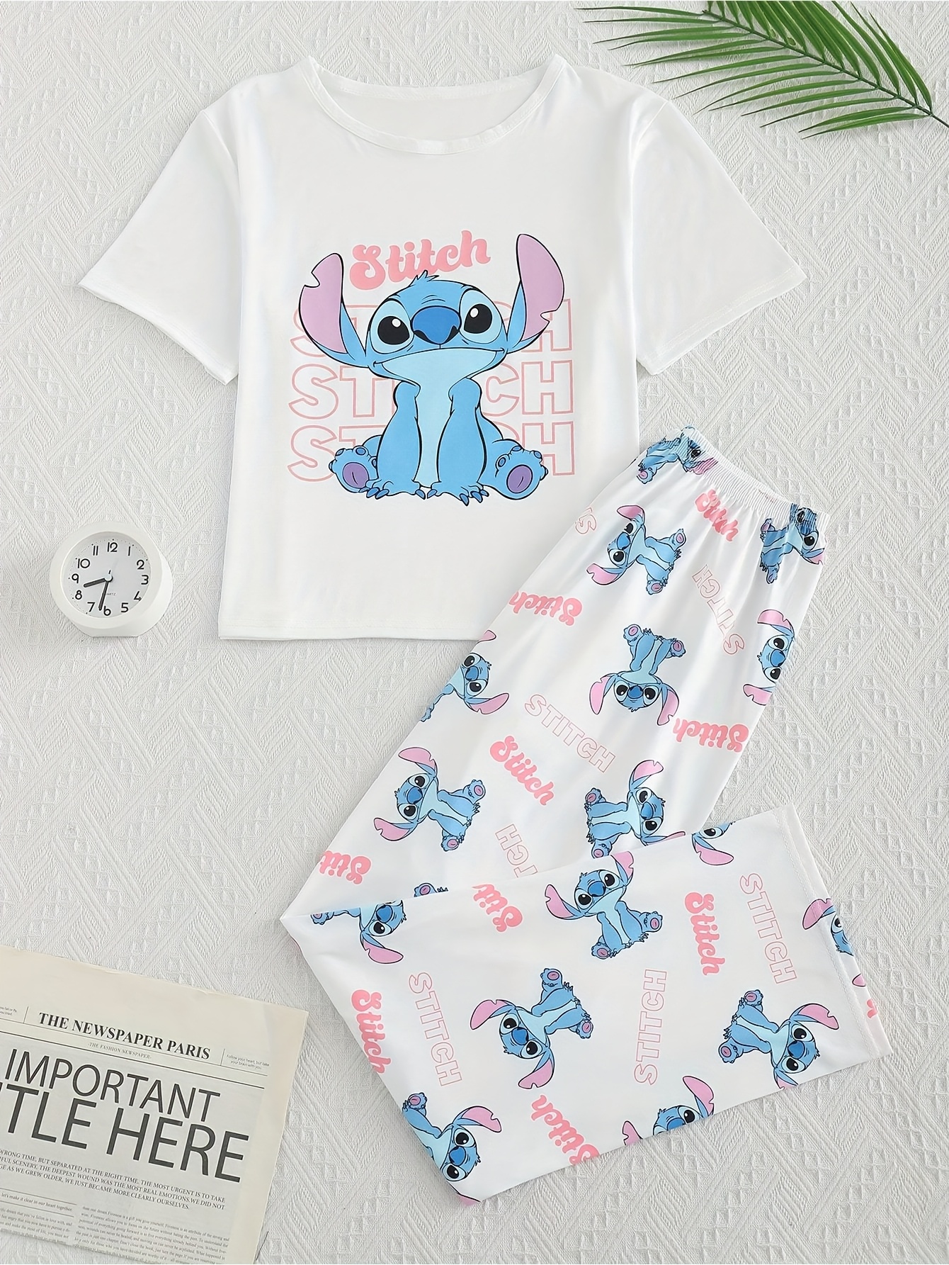     two piece set womens sleepwear set white set with cute cartoon print of   pattern round neck short sleeved top and pants comfortable fabric home suit set thin material Product details 0