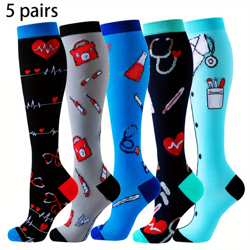 

5 Pairs Women's Socks, Nurse Themed, Breathable & Moisture-wicking, Stretchy, Outdoor Hiking, Fitness, Yoga, Running, Polyester , Machine Washable, Solid Color, , Athletic Tights