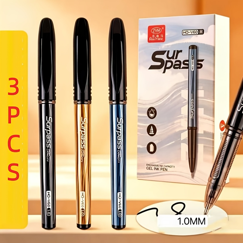 TEMU Lot de 3 stylos gel noirs à pointe fine à séchage rapide, pointe de 1,0 mm, corps coloré élégant, prise ergonomique confortable, adaptés pour