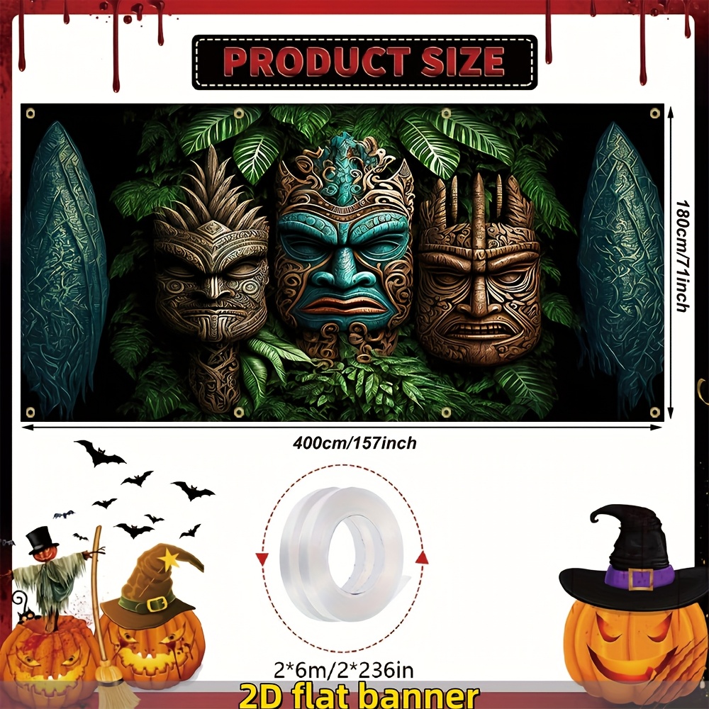 TEMU 2d Flat Banner, 1pc, Universal Garage Banner, , Hawaiian Totem Carved Creative Pattern Background Fabric, Polyester Material, No Electricity