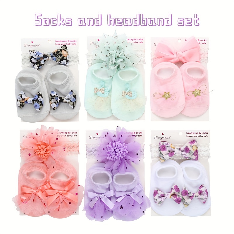 

1 Pair Of Baby's Toddler's Novelty Cute Floor Socks & Hairbands, Bowknot Design, Cotton Blend Sets, Boys Girls Kids Sets For All Seasons Wearing