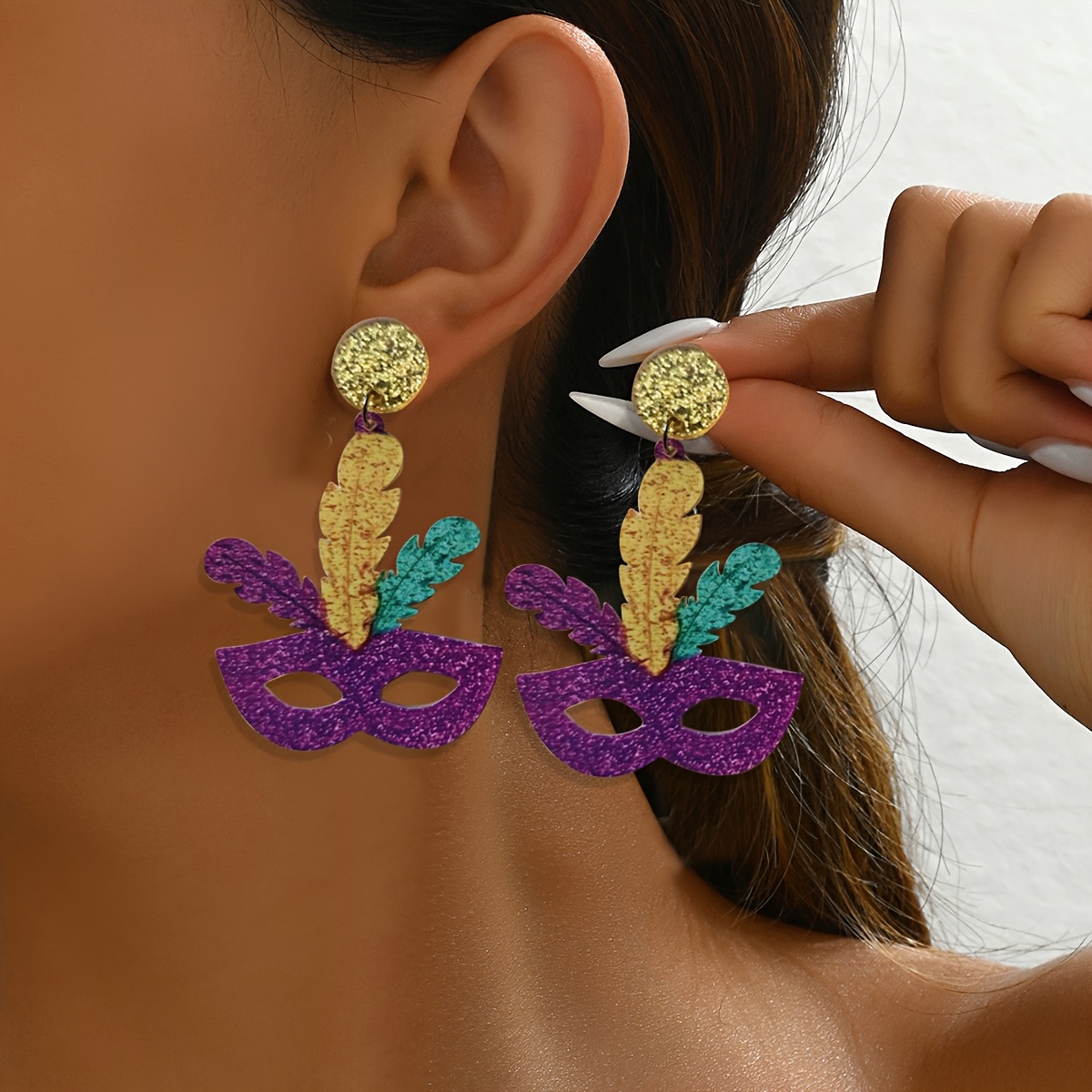 

A Pair Of Stylish Earrings For Women Featuring Simple And Unique Acrylic Purple, Yellow, And Mask Stud Earrings, Gifting 's Day Celebrations In Ireland.