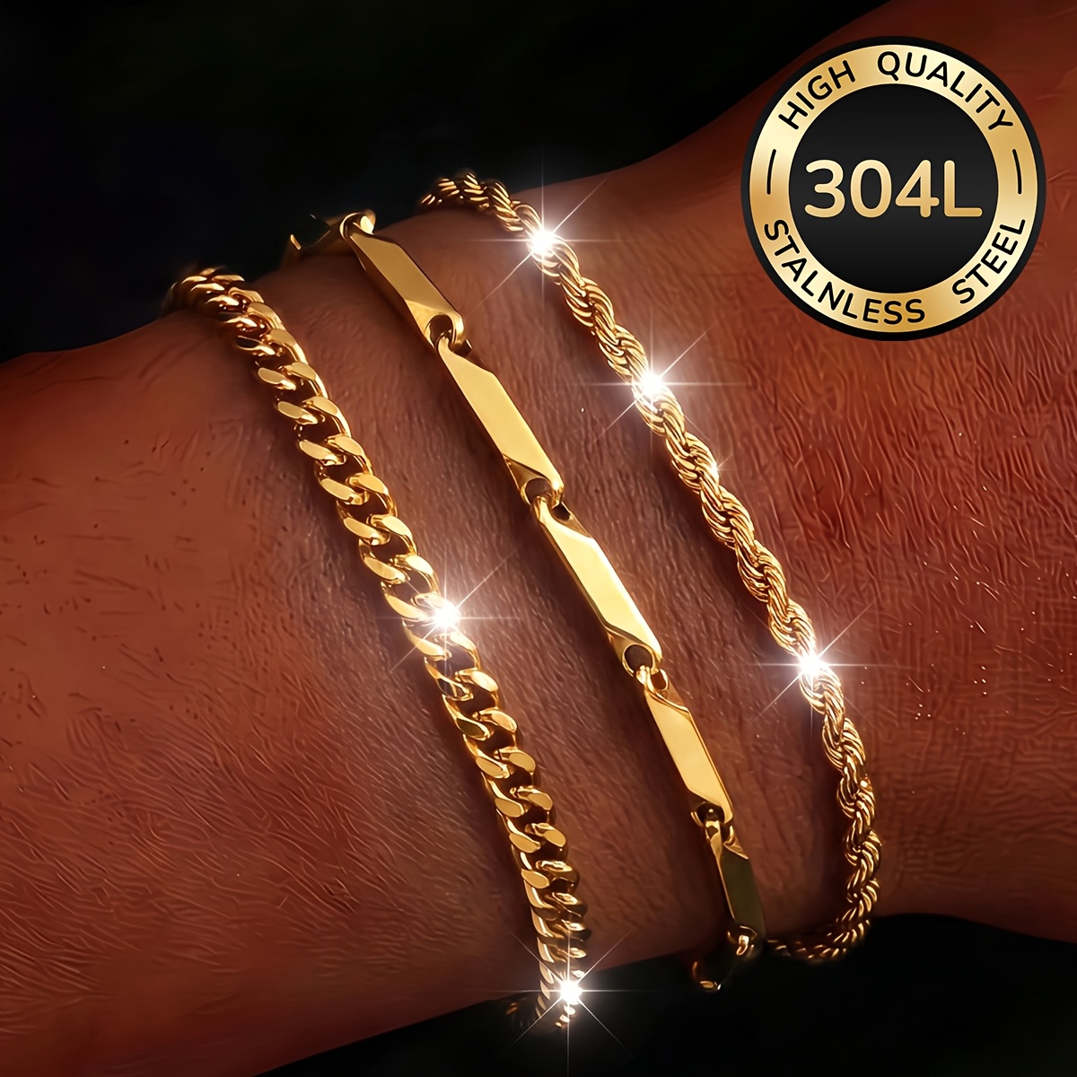 TEMU 3pcs Set Of 18k Gold Plated High-quality 304l 304l Stainless Steel Bracelet, Waterproof And , Suitable For Men's Jewelry Sets, Fashionable