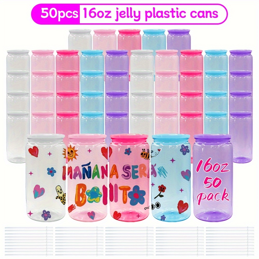 

50pcs Kocam 16oz Shatterproof Jelly Plastic Can Tumblers - Vibrant & Clear Acrylic Cups With & Straws - Bpa-free, Uv Dtf Wraps Ready - Ideal For Parties, Hiking & Holidays