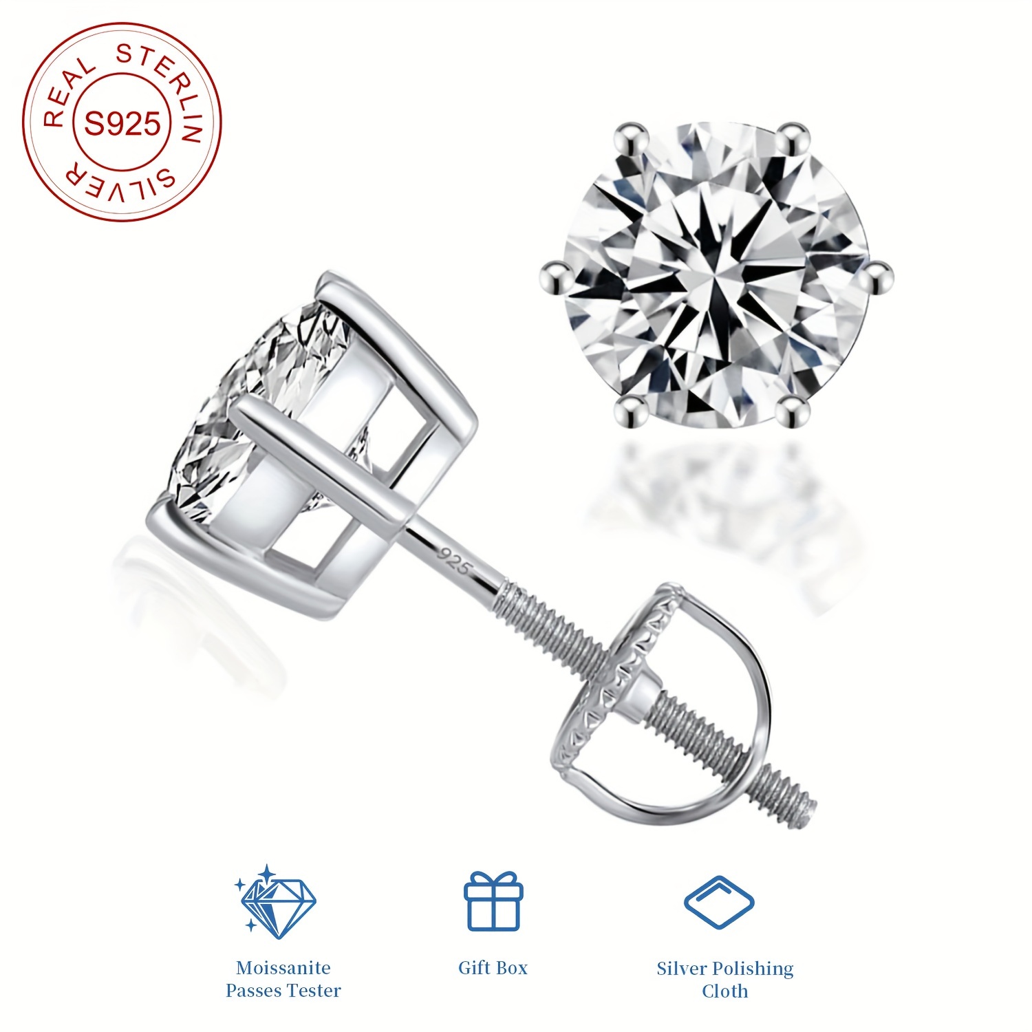 

1ct*2 Moissanite Screw Earrings For Men Women, 925 Sterling Silver 2ct Moissanite Studs, Elegant Color Vvs1 Jewelry Gift