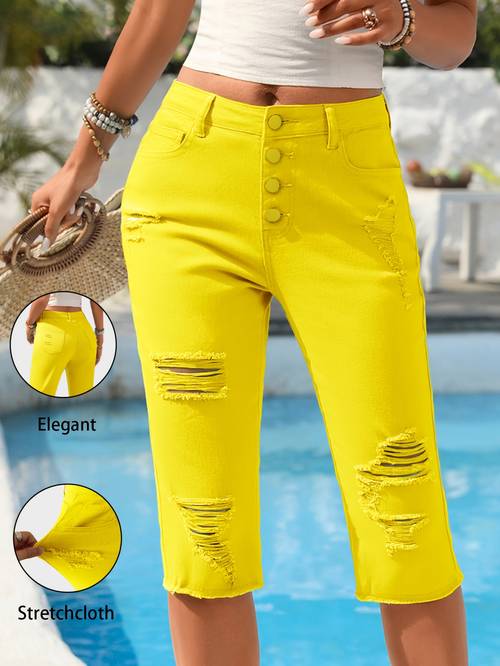 jeans capri femme déchirés, style américain nouveau, élégant, décontracté, , couleurs bonbon, colorés, élasticité moyenne-haute, 618595