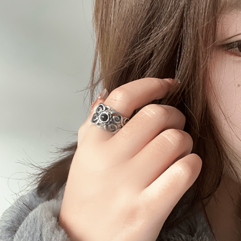 TEMU Vintage Black Synthetic Zirconia Adjustable , Gothic Ring, Christmas Halloween Holiday Party Jewelry Gift