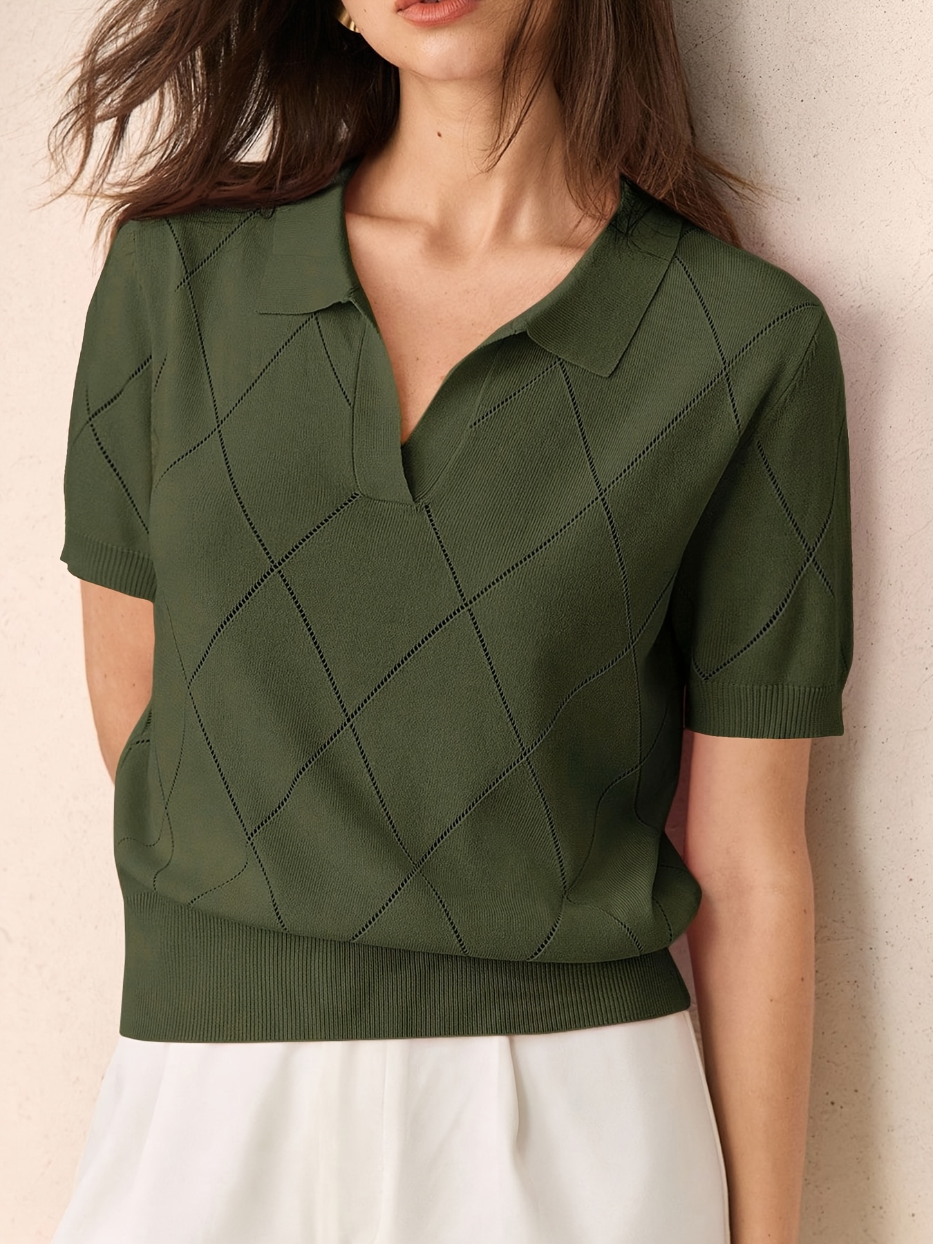 womens spring summer   neck short sleeve loose solid color diamond hole pattern   pullover