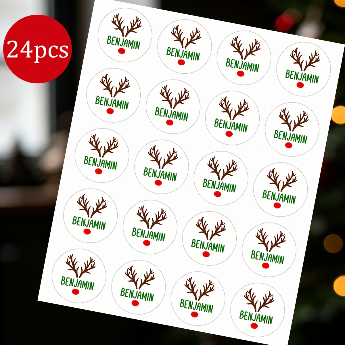 TEMU /96pcs Personalized Custom Round Stickers, Reindeer Antler With Design, Customize Your Name And Text Content, Christmas Gift Tag, Holiday Party