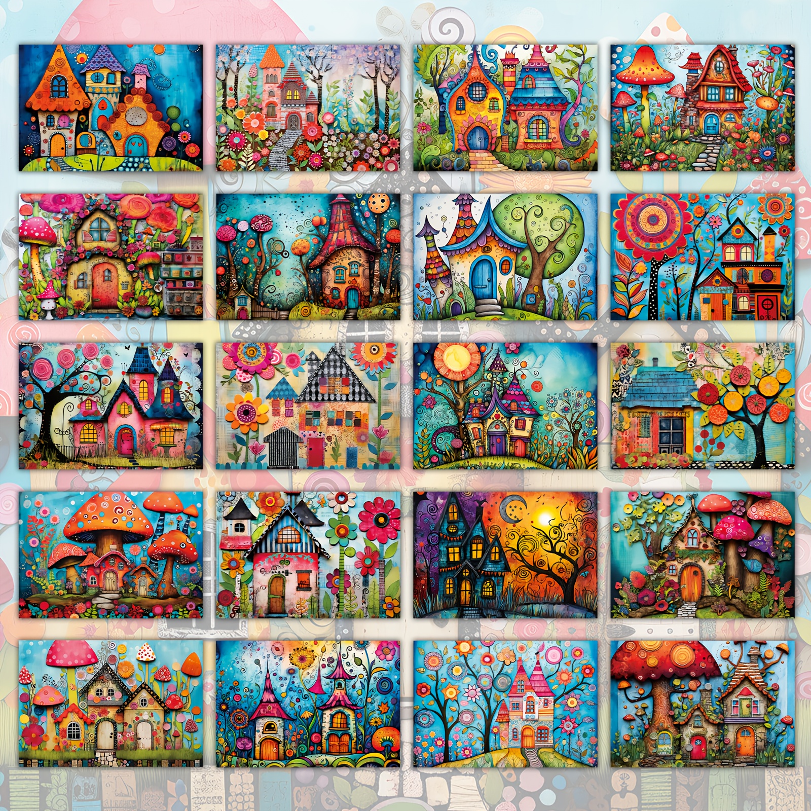 Image of Set Of 20 Postcards Featuring Abstract Mushroom Houses, Designed In Vibrant Retro Colors, Perfect For Collecting, Gifting, Or Home Decor Greeting Cards