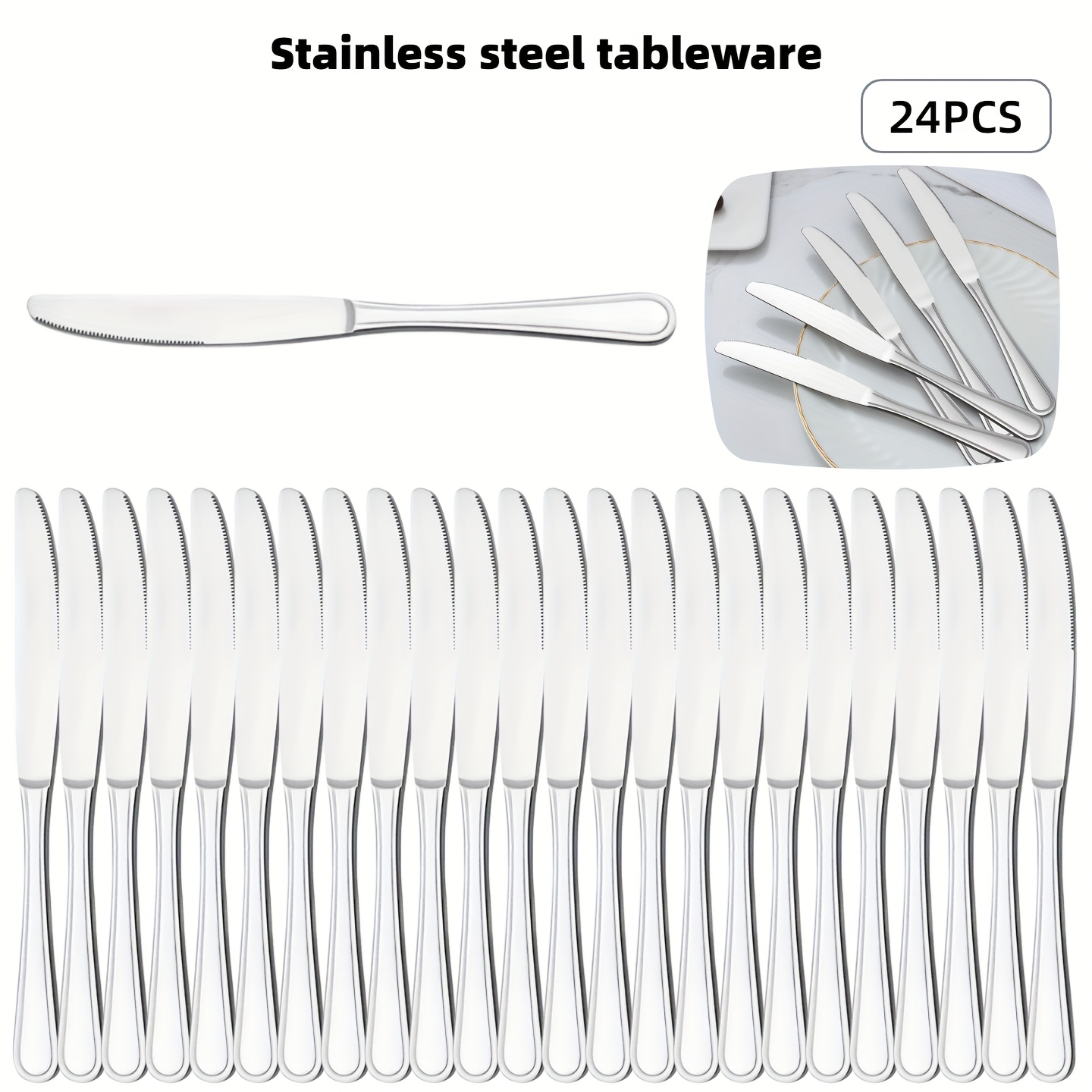 TEMU Un ensemble de 24 ustensiles en acier inoxydable mesurant 23 cm (9,1 pouces), conçus pour un usage intensif dans les restaurants. Cette