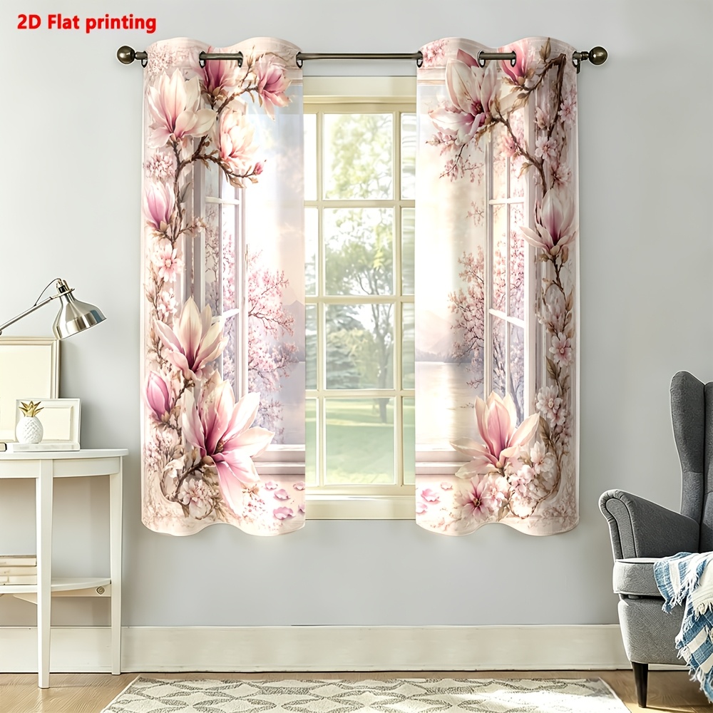 Image of 2d Flat, 2d Flat 2pcs Curtains Blooming Magnolia And Cherry Window For Home Decor Light Luxury Minimalist European Style, Suitable For Living Rooms, Bedrooms, Study Rooms, And Home Decoration, 2d Flat