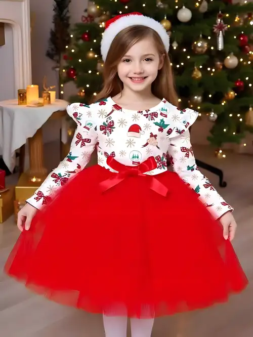 Christmas Girl Dress, Autumn Winter New Long Sleeve Puff Sleeve Mesh Dress, Gift, Best for Party Photoshoot Christmas Girl Dress, Autumn Winter New Long Sleeve Puff Sleeve Mesh Dress, Gift, Best for Party Photoshoot